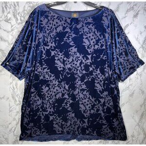 JM Collection Velvet Burnout Split Sleeve w rhinestones Floral Top L